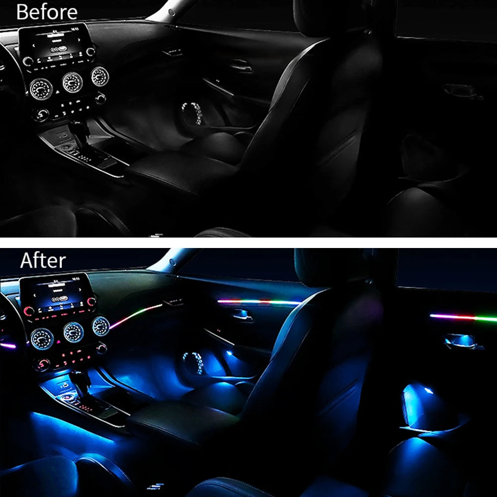 RGB car ambient light strip by Showlu Smart General with 18-inch app-controlled LED strip showing colorful lighting on a vehicle interior.