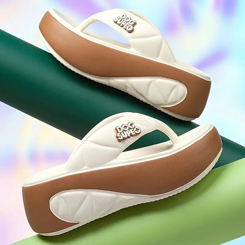 Women's platform flip-flops with thick EVA wedge sole, summer sandals in neutral tones, showcasing comfortable and stylish footwear.