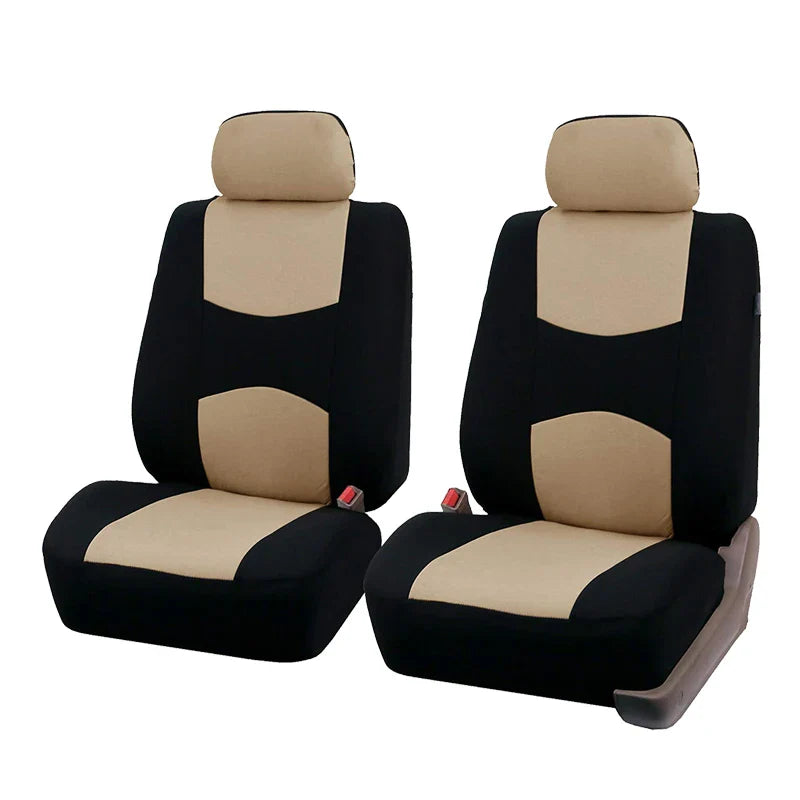 Two universal car seat covers in a black and beige color scheme with detached headrests.
