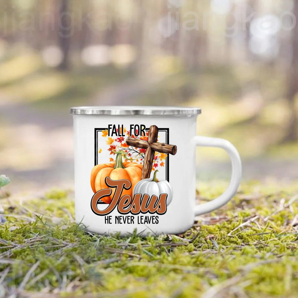 Showlu Pumpkin Spice Jesus Christ enamel mug with fall-themed design, perfect for camping and coffee enthusiasts.