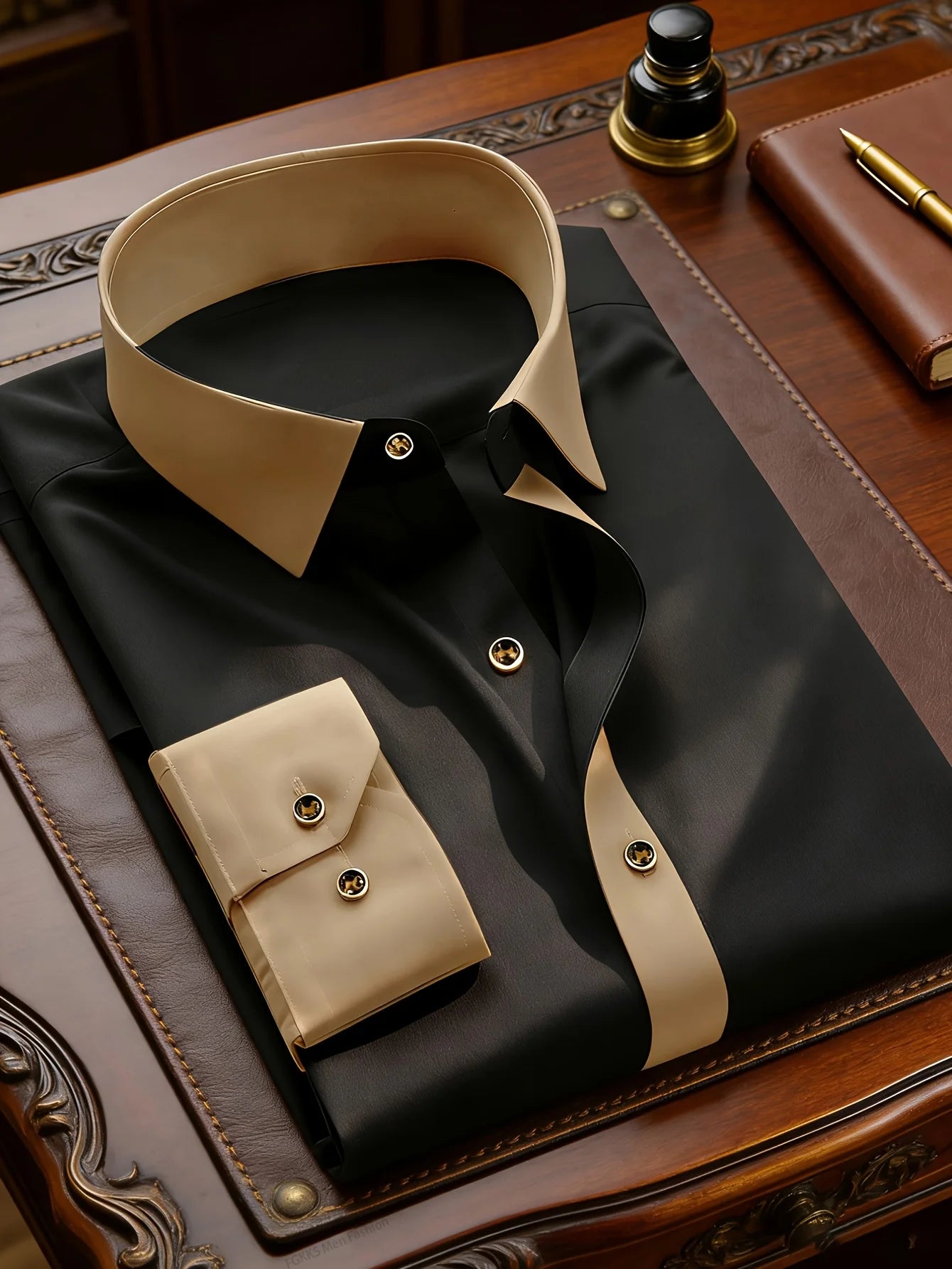 Showlu Smart General men's black long sleeve shirt with patchwork design, casual and business style, elastic fit, high street fashion
