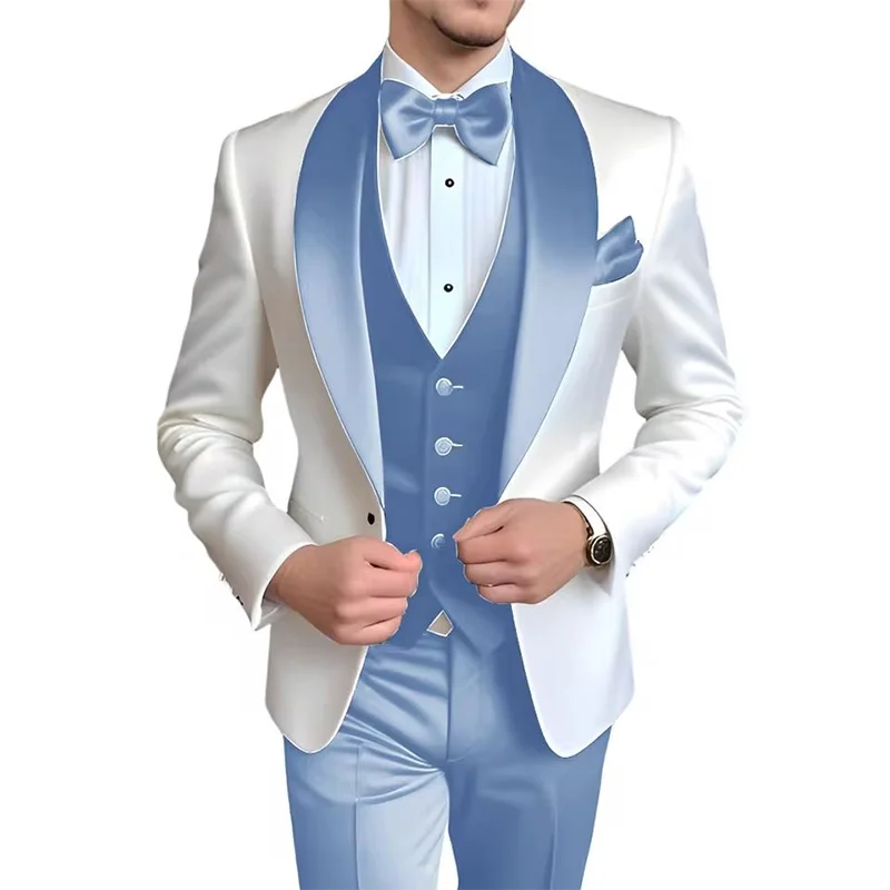 Men's 3-piece blue and white tuxedo suit by Showlu Fashion with elegant design, suitable for weddings, banquets, and formal events.