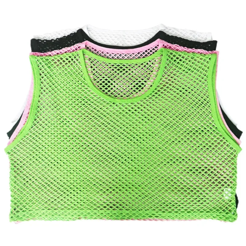 Mens transparent fishnet crop top by Showlu Fashion, sleeveless mesh tank top with hollow-out design for gym, nightlife, and fashion wear.