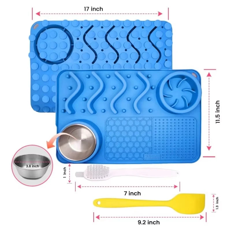 Turquoise silicone slow feeder mat for pets with aluminum bowl, non-toxic, 17x11 inches, helps reduce anxiety and boredom.