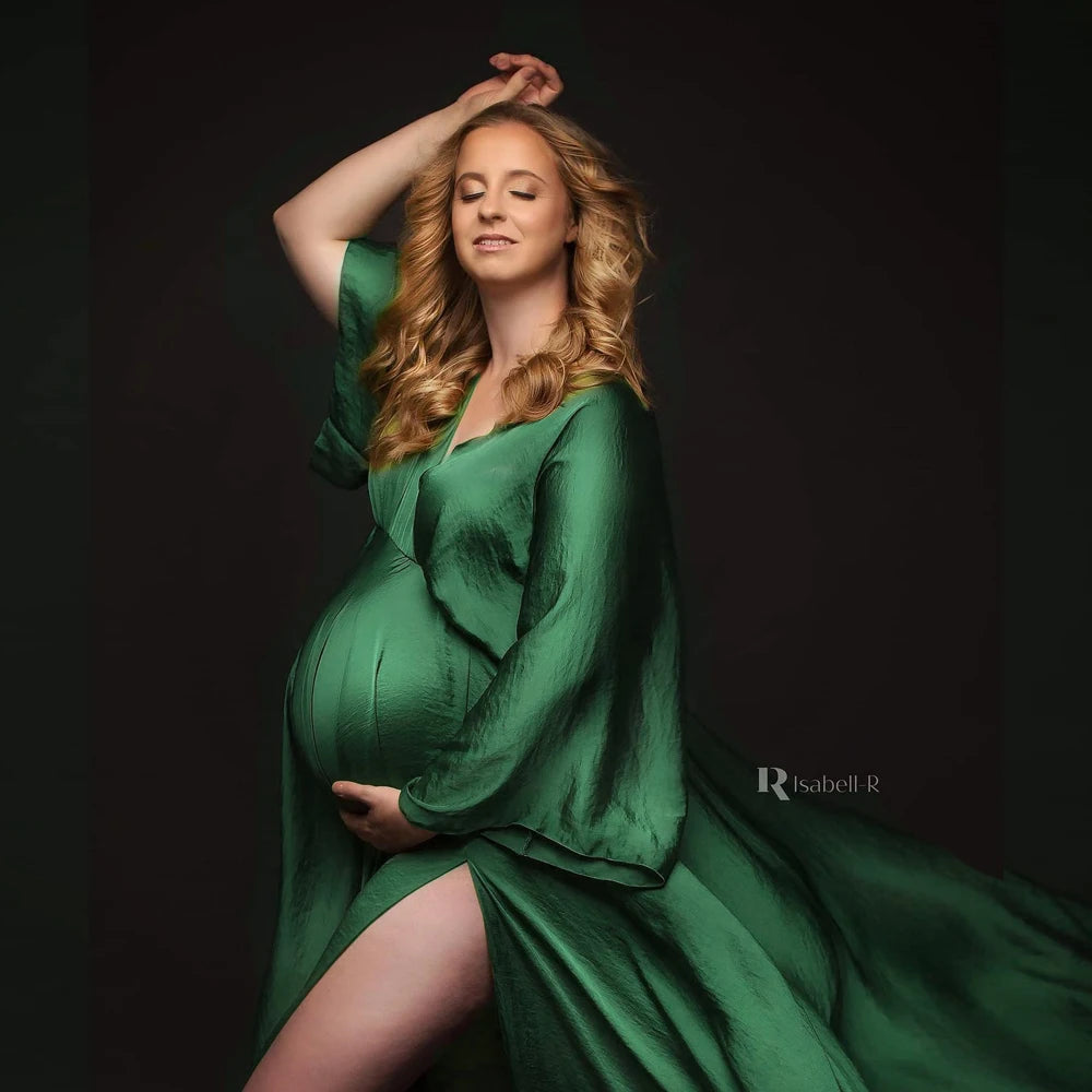 Showlu Boho maternity photography dress with V-neck, lace details, and slit for photoshoots, perfect for expecting mothers.