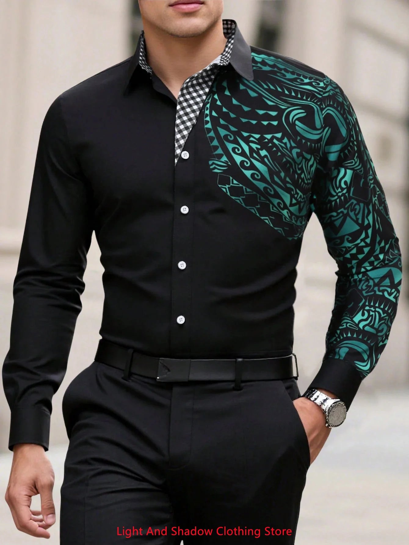 Men's fashionable long-sleeved casual shirt with printed collar, stylish for business or social occasions, by Showlu Fashion Store.