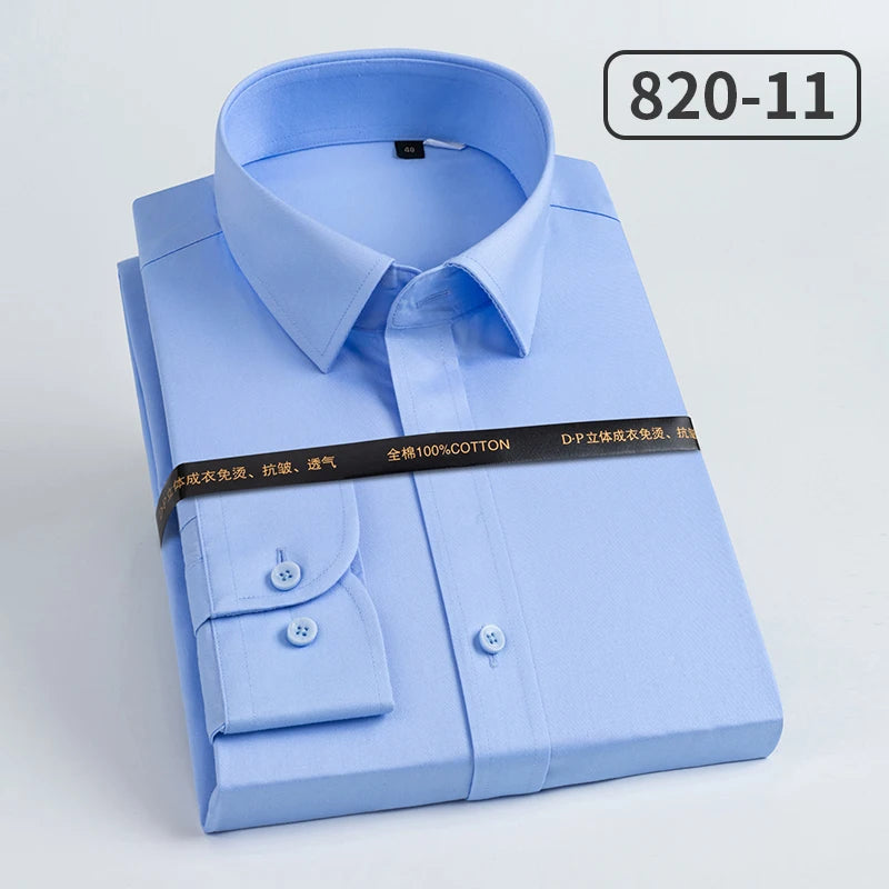 Men's slim fit pure cotton long sleeve shirt with striped collar, wrinkle-resistant fabric, high-end light luxury design, heterochromatic accents