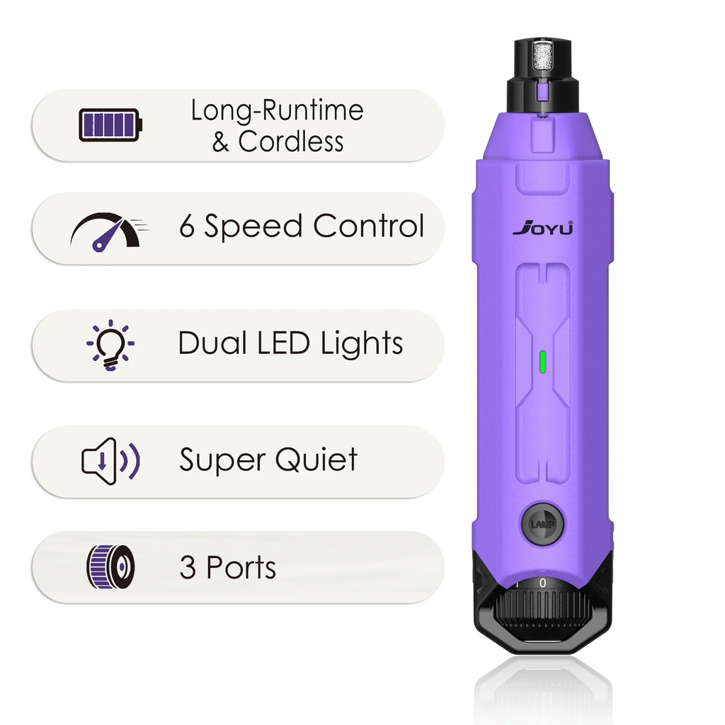 Showlu Fashion Store 6-speed rechargeable dog nail grinder with quiet electric motor and painless trimming for pets' paws.