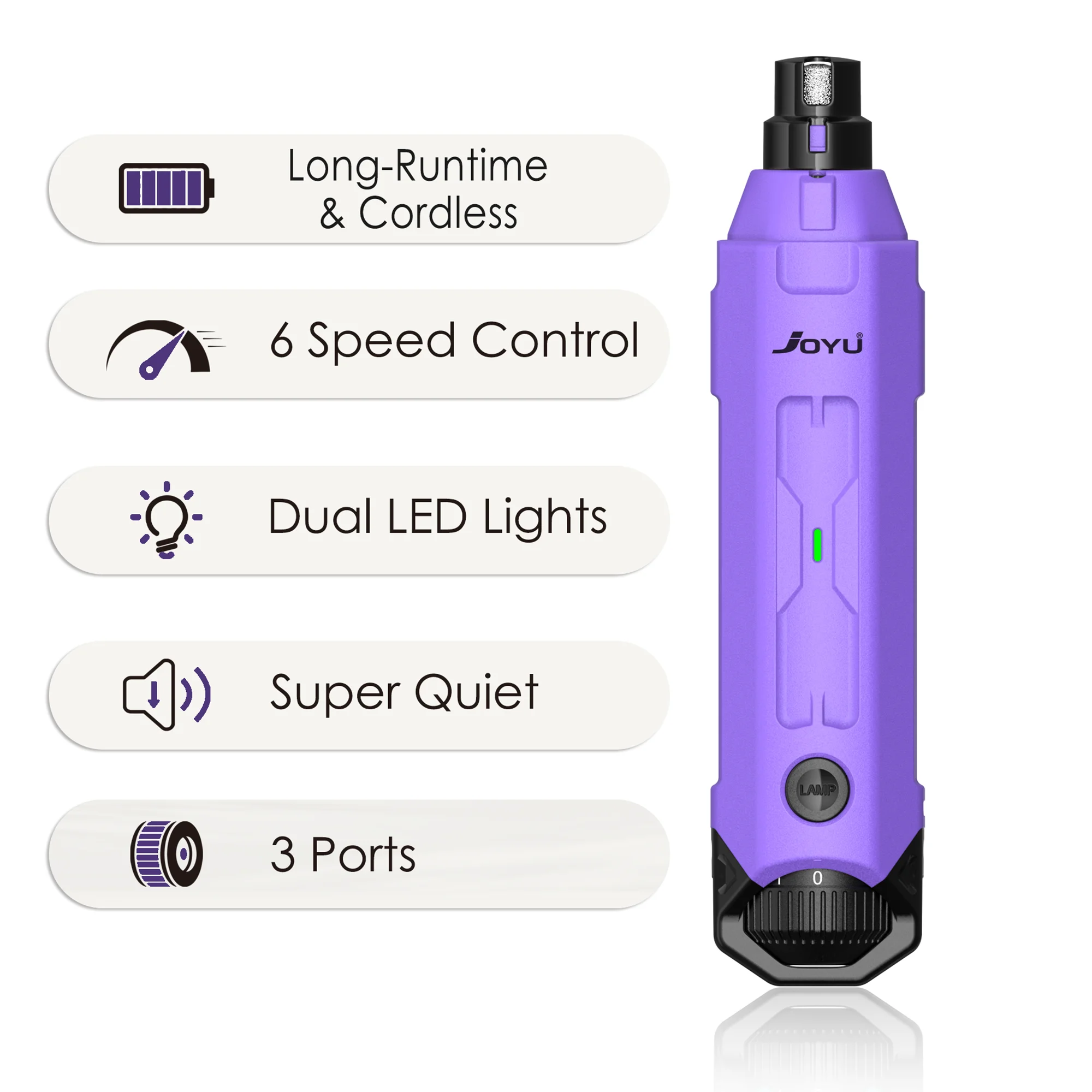 Showlu Fashion Store 6-speed rechargeable dog nail grinder with quiet electric motor and painless trimming for pets' paws.