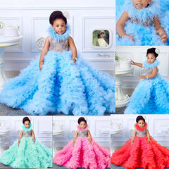 Gorgeou Flower Girls Dress Little Baby Girl Sky Blue Tulle Fluffy Applique for Party Kids Wedding Ball Birthday Evening Gowns