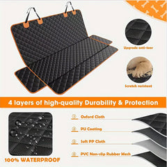 A black quilted dog car seat cover with orange trim and a non-slip rubber mesh backing.