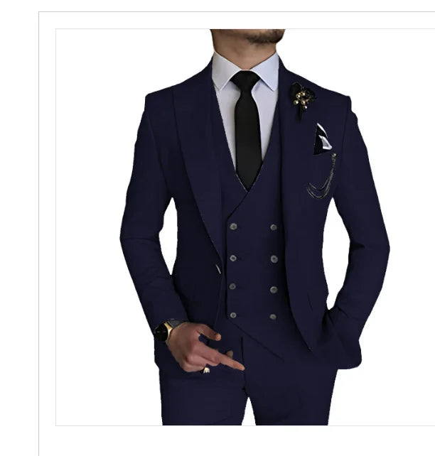 Men's three-piece business casual suit set by Showlu Fashion, featuring a blazer, vest, and trousers for formal or host occasions.