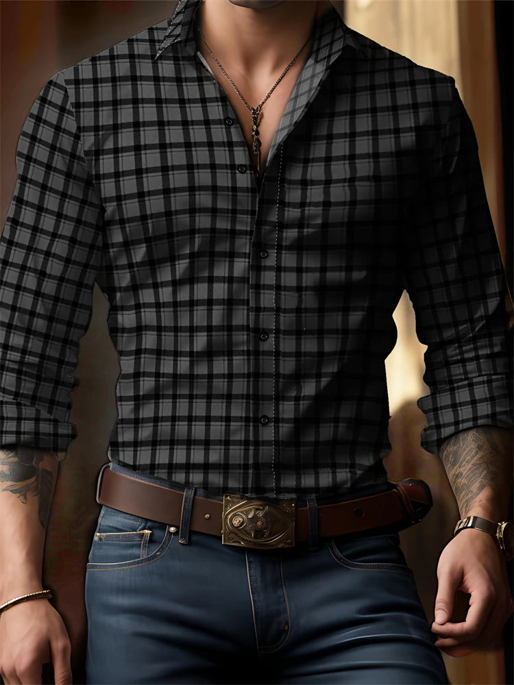 Men's check print long sleeve spring and autumn button-down shirt with flip lapel, oversized outdoor streetwear by Showlu Fashion.