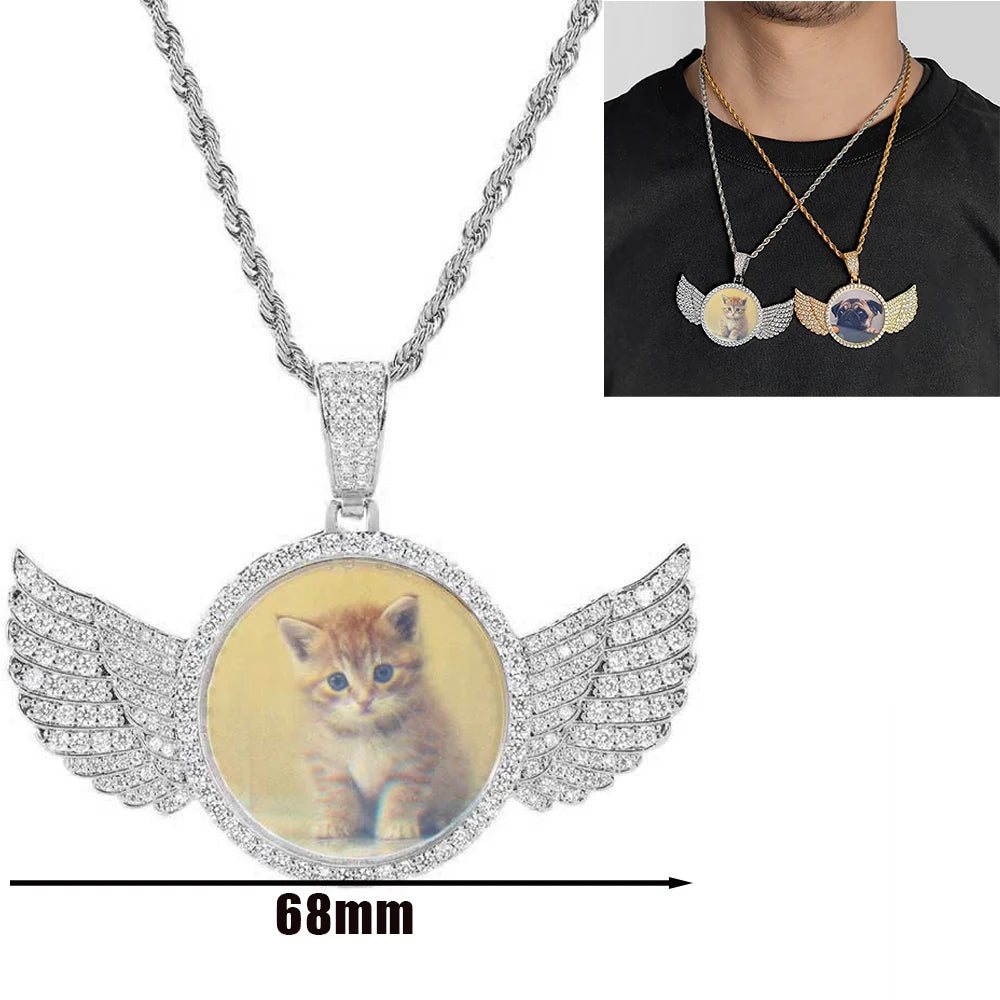 Custom angel wing round memory necklace with personalized photo pendant and tennis chain for men and women by Showlu Fashion.