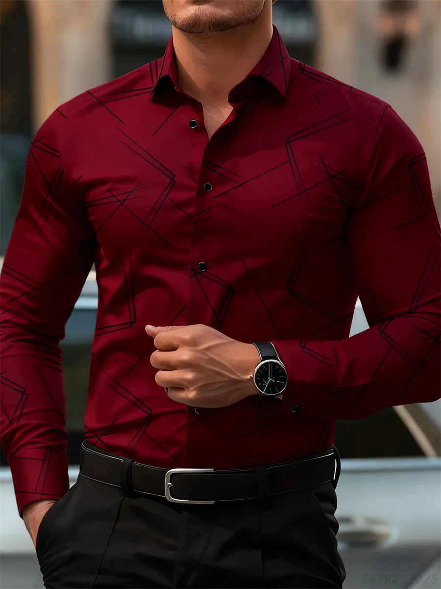 Men's slim fit long-sleeved shirt with geometric line print, business casual style, non-iron, versatile design by Showlu Fashion Store.