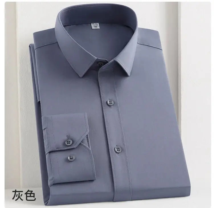 White bamboo fiber men's long sleeve dress shirt from Showlu Fashion, featuring a professional fit, stretch-free comfort, and soft fabric.