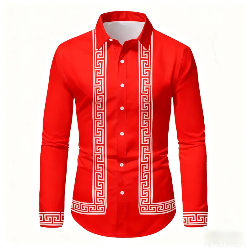 Men's retro geometric print long-sleeve shirt in black and white, slim fit, stylish casual top with color-block design from Showlu Fashion.