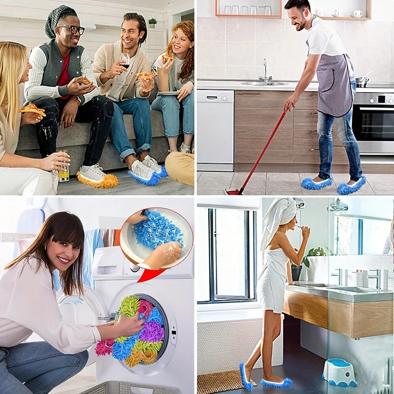 Showlu microfiber mop slippers with washable chenille socks for easy, efficient floor cleaning on smooth surfaces.