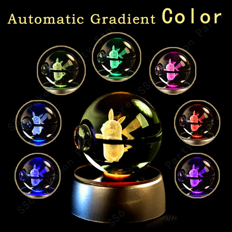 SHOWLU FASHION STORE Miniso Pokémon 3D Crystal Ball Night Light LED glass Pokéball lamp illuminating in a dark room
