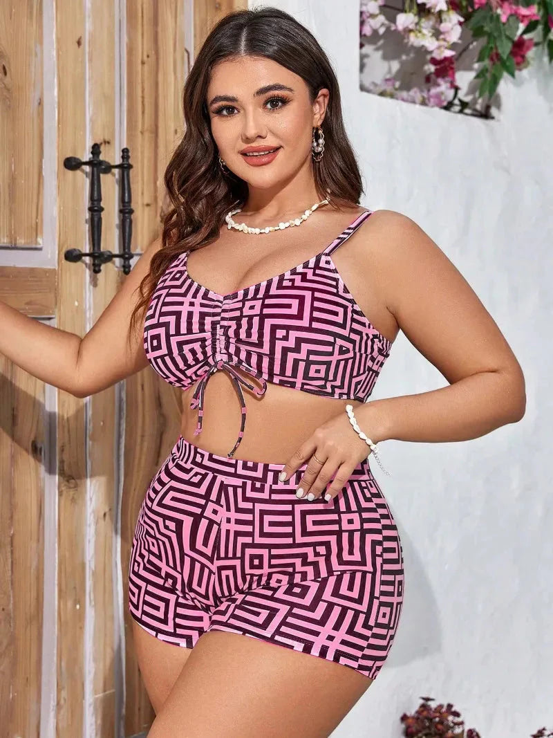 Plus size three-piece bikini set with long sleeve cover-up from SHOWLU FASHION STORE, featuring vibrant swimwear and matching cover-up.