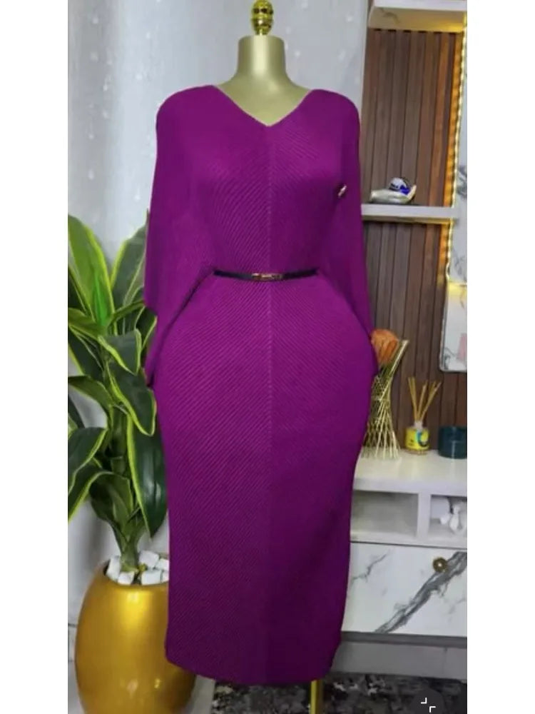 Miyake pleated V-neck lace-up dress with bat sleeves, slim waist, spring 2025 fashion, stylish women's clothing.