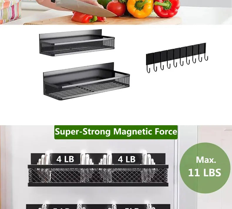 Magnetic fridge organizer shelf by Showlu Smart General holding bottles and jars on a kitchen refrigerator door