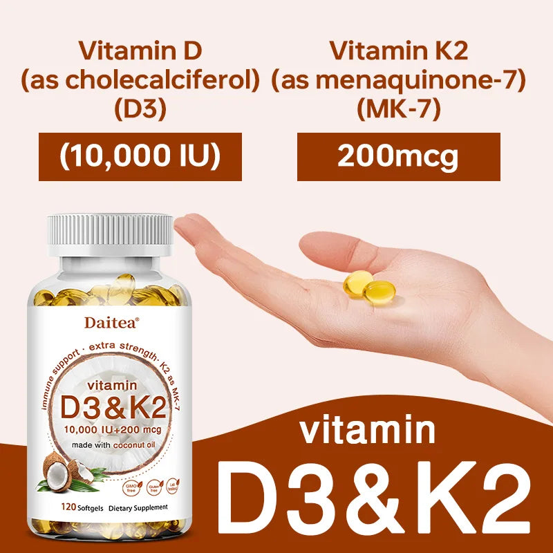 2-in-1 Vitamin D3 K2 Supplement Softgel, 10000 IU VIT D3 + 200 MCG Vitamin K2, Support Calcium Absorption in Bones