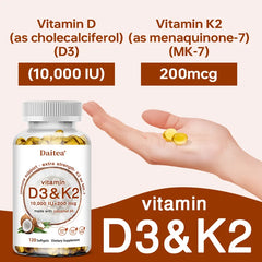 2-in-1 Vitamin D3 K2 Supplement Softgel, 10000 IU VIT D3 + 200 MCG Vitamin K2, Support Calcium Absorption in Bones