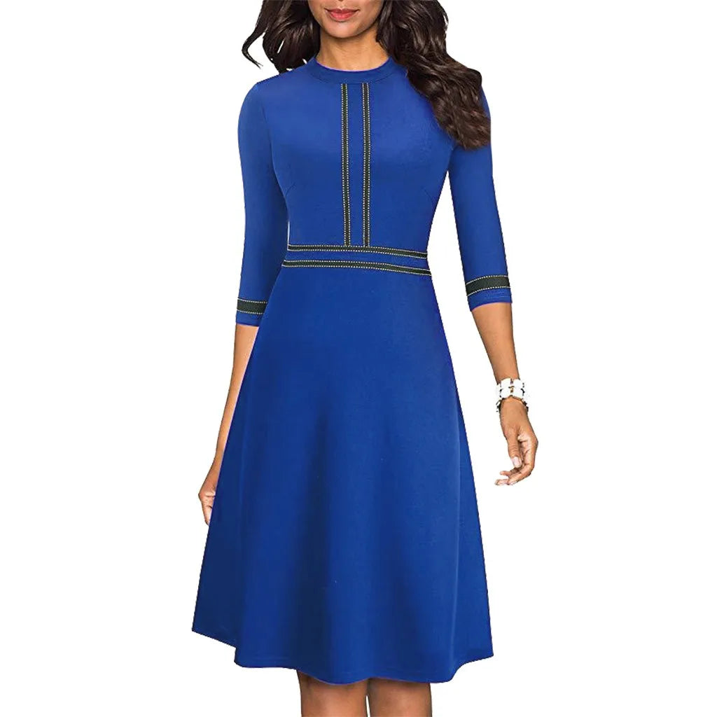Holiday Dress 2024 Women Fashion Solid O-Neck Half Sleeve Dress Stripe Splice Zipper Mini Dress Elastic Waistband Dress платье