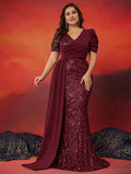 BluePlum women's V-neck sequin mermaid evening dress in plus size, featuring a glamorous formal style with shimmering embellishments.