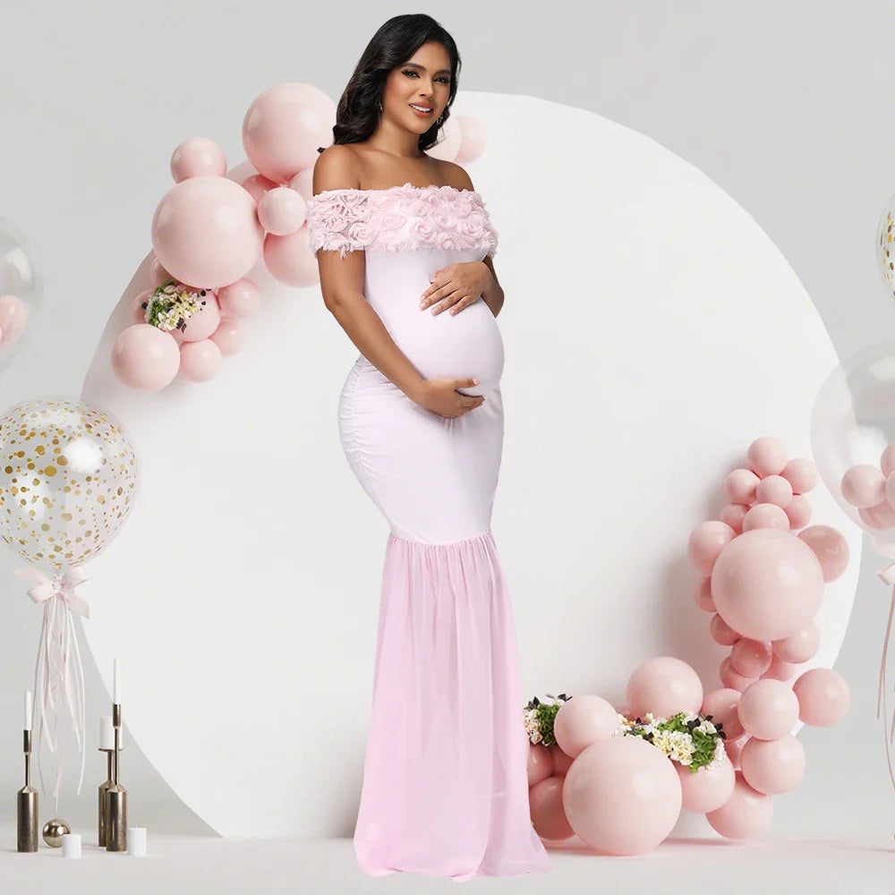 Maternity floral off-shoulder chiffon gown with split hem, designed by Showlu Fashion Store, showcasing elegant flowy fabric and feminine style.