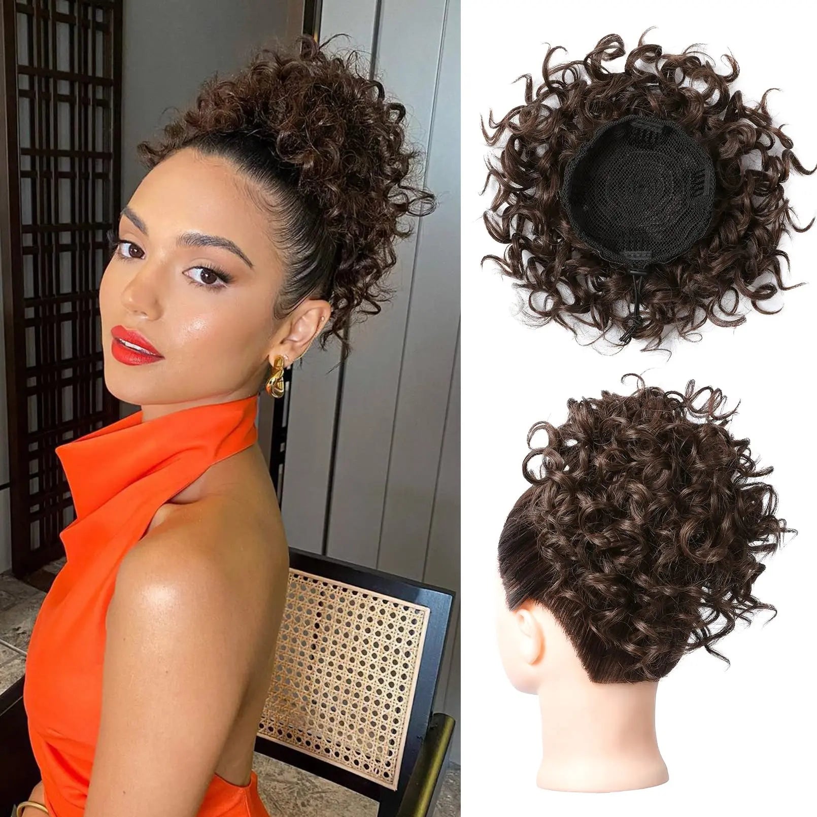 Synthetic Messy Bun Hair Piece 60g Elastic Drawstring Loose Wave Curly Hair Buns Hair Piece Extensions For Women Dark Brown