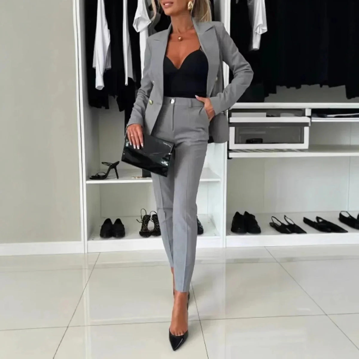 Women Office Smart Clothes Set 2pcs Blazer Double Breasted Button Solid Color Jacket & High Waist Slim Pencil Pants SHOWLU FASHION STORE