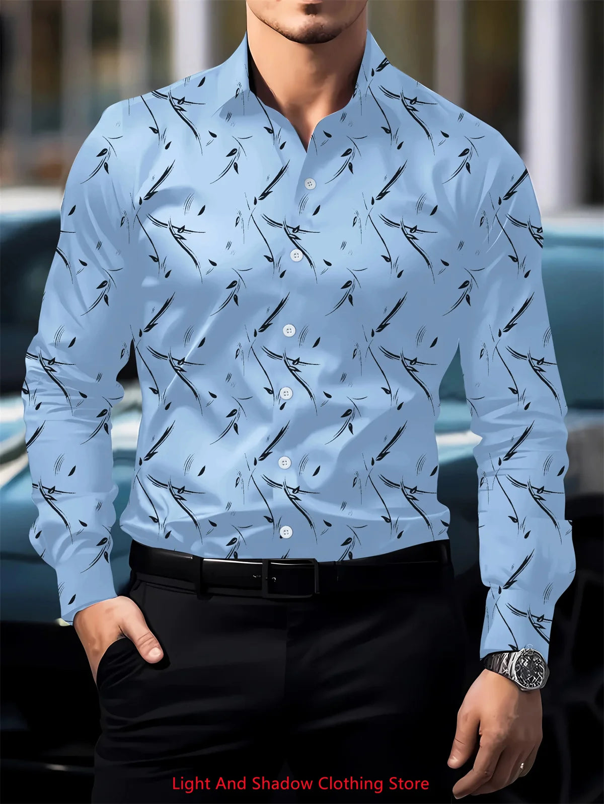 Men's printed silk casual shirt with long sleeves and button-up lapel by Showlu Fashion, featuring vibrant floral pattern.