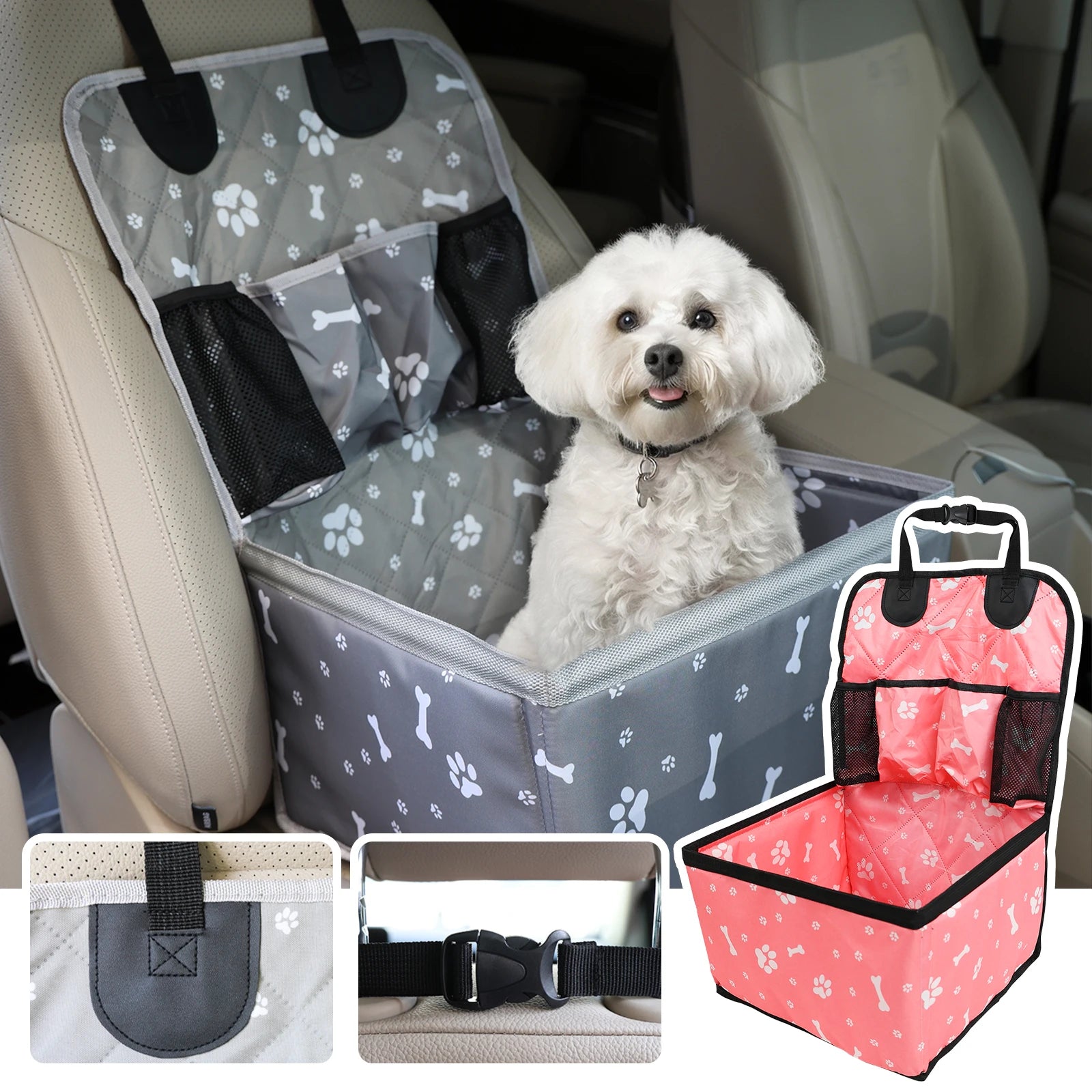 Showlu portable dog car booster seat made of nylon with safety straps and storage pocket, designed for secure pet travel.
