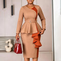 Women Elegant Colorblock Dress V Neck Long Sleeve Belt Peplum Waist Tierred Ruffle Church Wedding Guest Business Party Outfit
