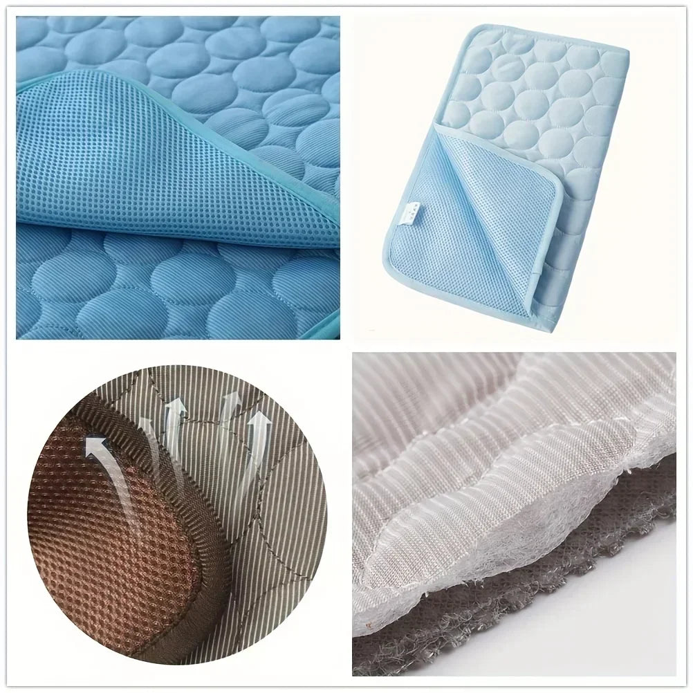 Breathable summer pet ice pad cool sleeping mat for dogs and cats, washable, durable pet cushion for home or outdoor use.