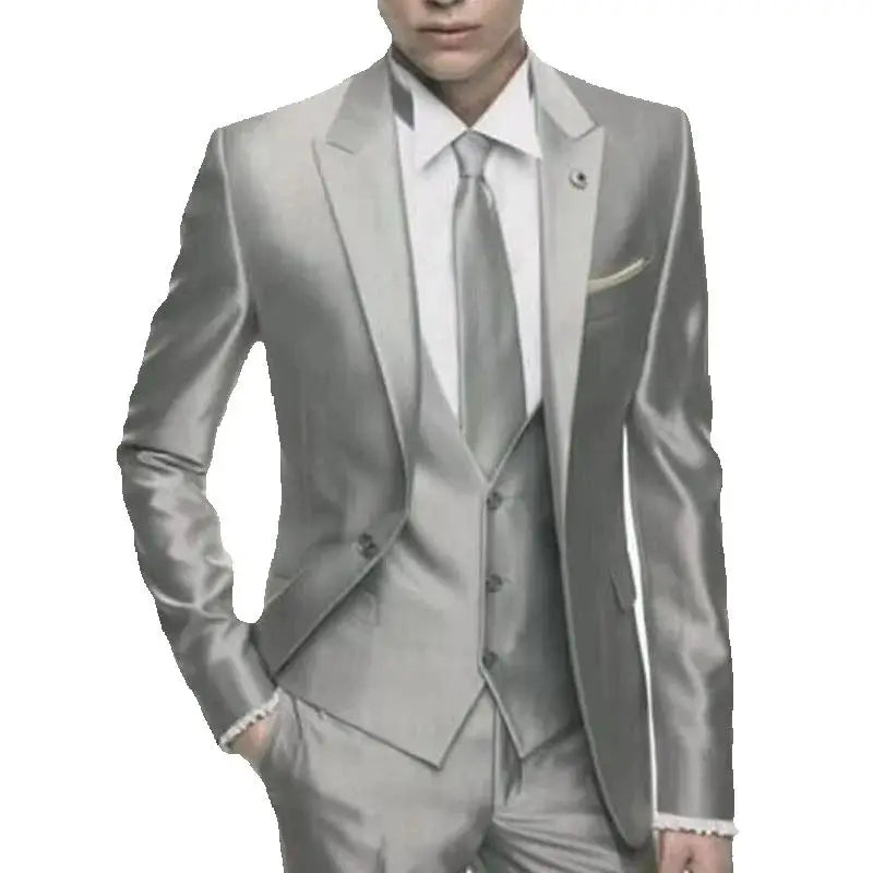 Showlu Silver Grey Satin Men's 3-Piece Slim Fit Formal Wedding Tuxedo, tailored for elegant occasions