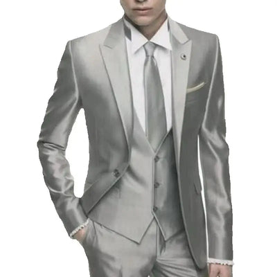 Showlu Silver Grey Satin Men's 3-Piece Slim Fit Formal Wedding Tuxedo