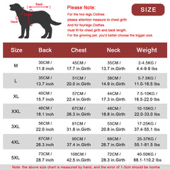 A size chart for a dog raincoat showing measurements for back, chest, neck, and weight.