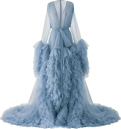 Deep V-neck lace maternity dress with long sleeves, tulle fabric, feather details, and hollow horn accents by Showlu Fashion.