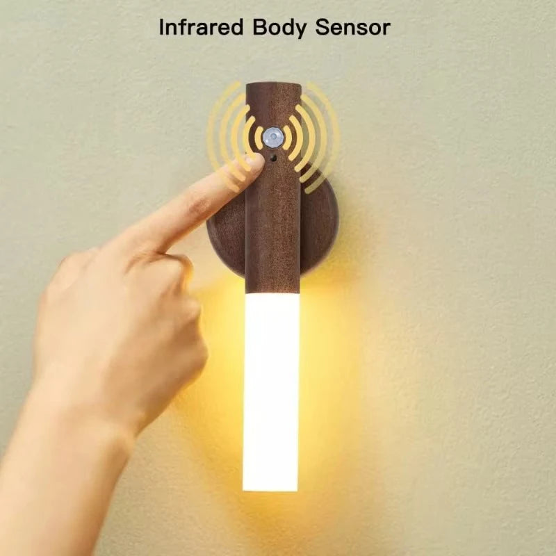 Showlu Smart Magnetic Motion Sensor LED Night Light with USB rechargeable feature, mounted on a wall in a dimly lit room