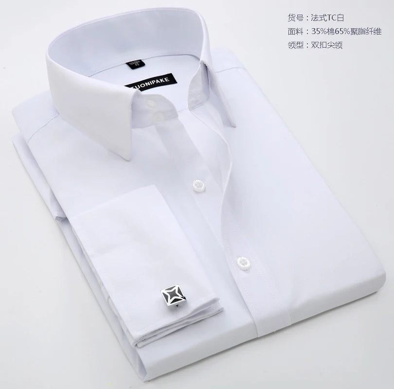 Men's slim fit long sleeve solid color shirt with French cufflinks, ideal for business and formal wear by Showlu Fashion Store