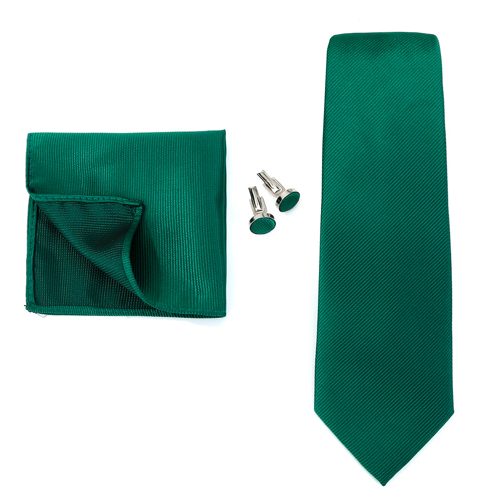 Solid color men's wedding necktie, jacquard woven, with matching handkerchief and cufflinks, ideal for formal business or wedding attire.