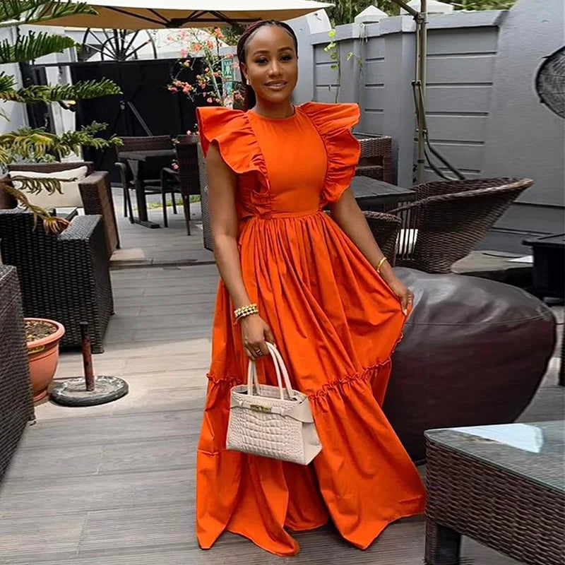 Women's casual elegant swing dress by Showlu Fashion, summer 2025 style, short sleeves, round neck, waist fit, long flowing design