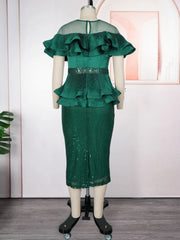 Women Sequin Christmas Party Dresses O Neck Patchwork Mesh Short Sleeve Ruffles Peplum 3D Flower Gowns Wedding Guest Occasion