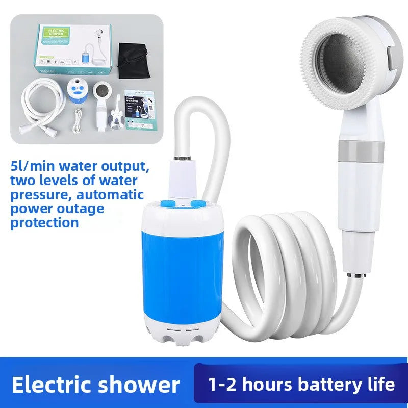 Showlu Smart portable camping shower with rechargeable electric pump, LED light, and compact design for outdoor use.