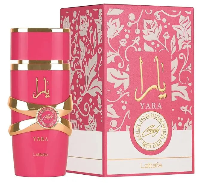 Lattafa Yara Dark pheromone perfume for women, 100ml Arabian fragrance bottle with elegant design and dark-colored perfume liquid.