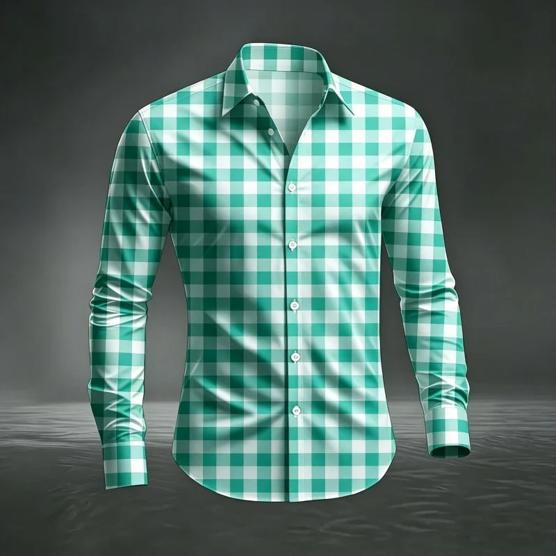 2026 Men's New Classic Plaid Shirt with Plaid Printing, Slim Fit Collar Long Sleeve Shirt, Men's Top, Comfortable Fabric XS-6XL