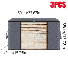 A set of three grey foldable storage boxes with clear windows and dimensions labeled in centimeters.